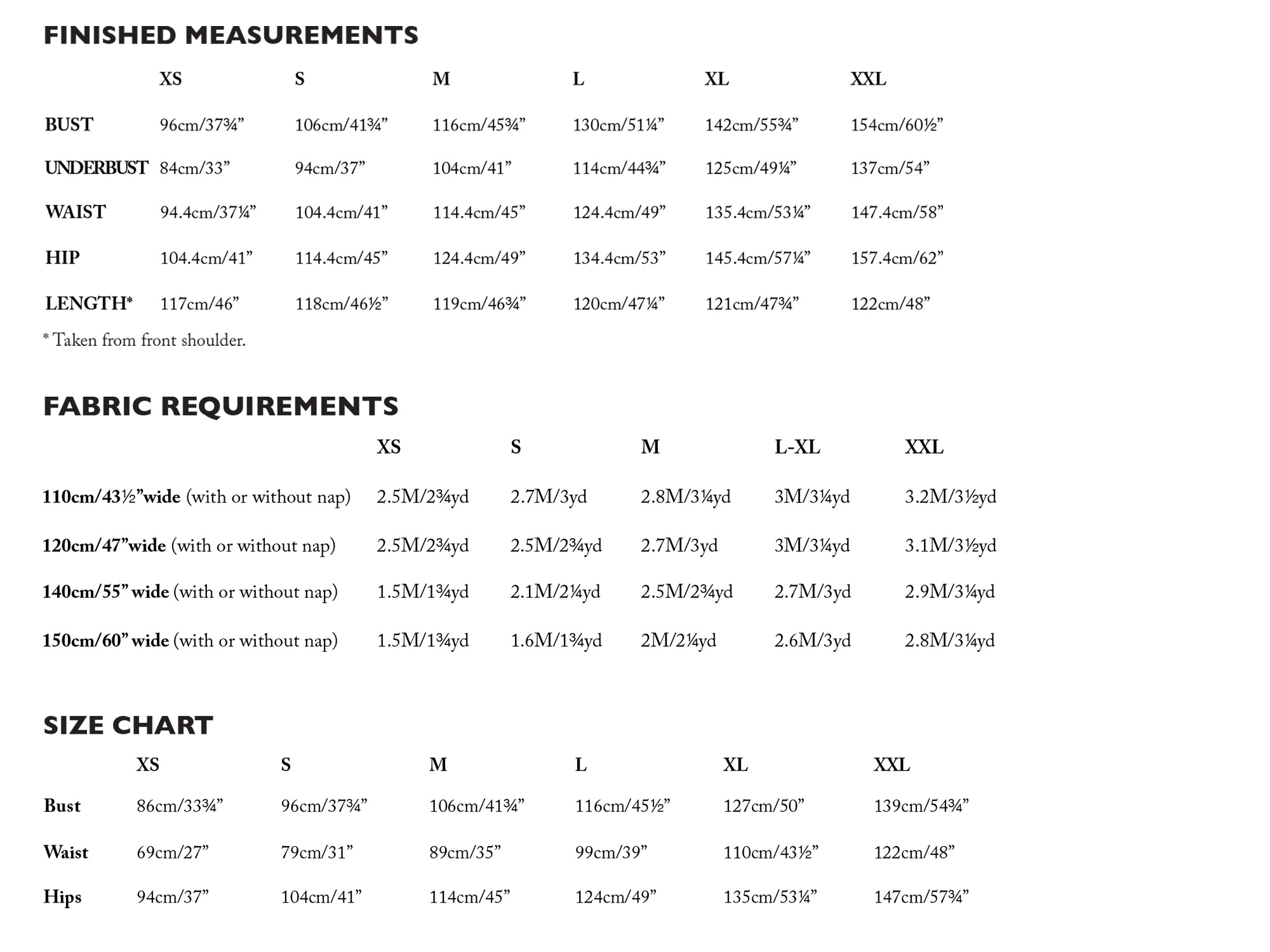 Lilian size chart